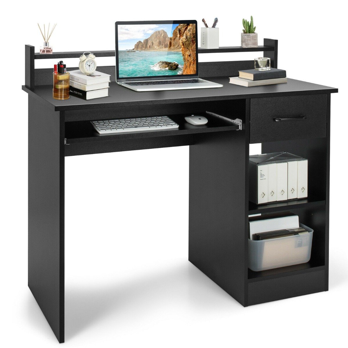 Wooden Computer Desk With Keyboard Tray for Work and Study-Black