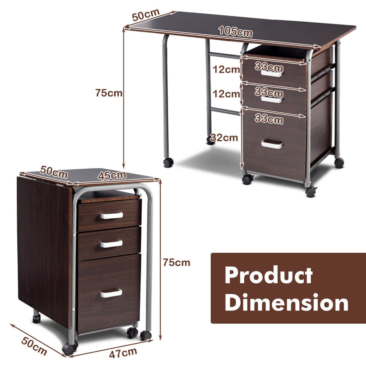 Folding Computer Desk with Rolling Wheels and 3 Drawers for Home Office-Brown