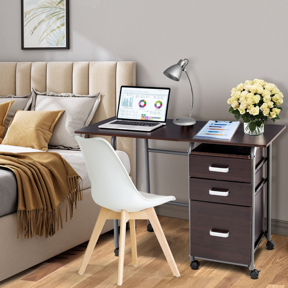 Folding Computer Desk with Rolling Wheels and 3 Drawers for Home Office-Brown