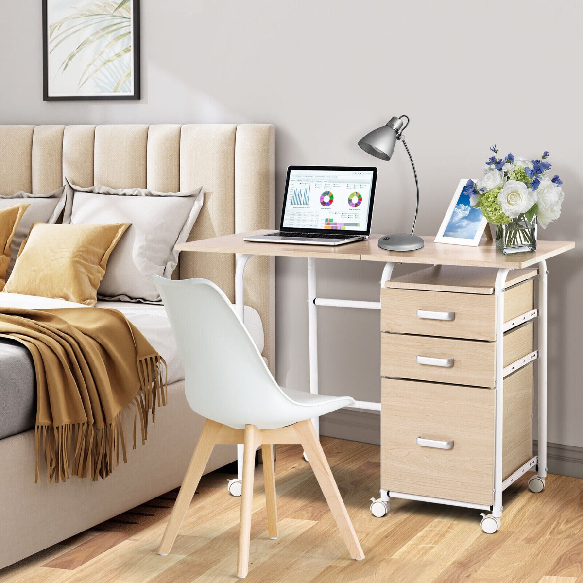 Folding Computer Desk with Rolling Wheels and 3 Drawers for Home Office-Brown