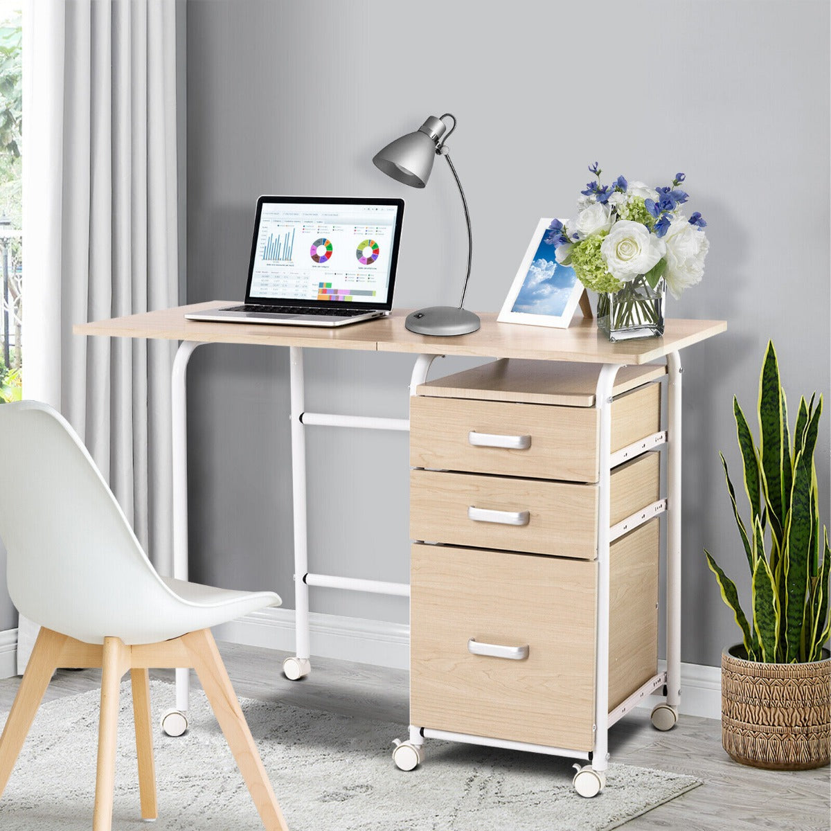 Folding Computer Desk with Rolling Wheels and 3 Drawers for Home Office-Brown