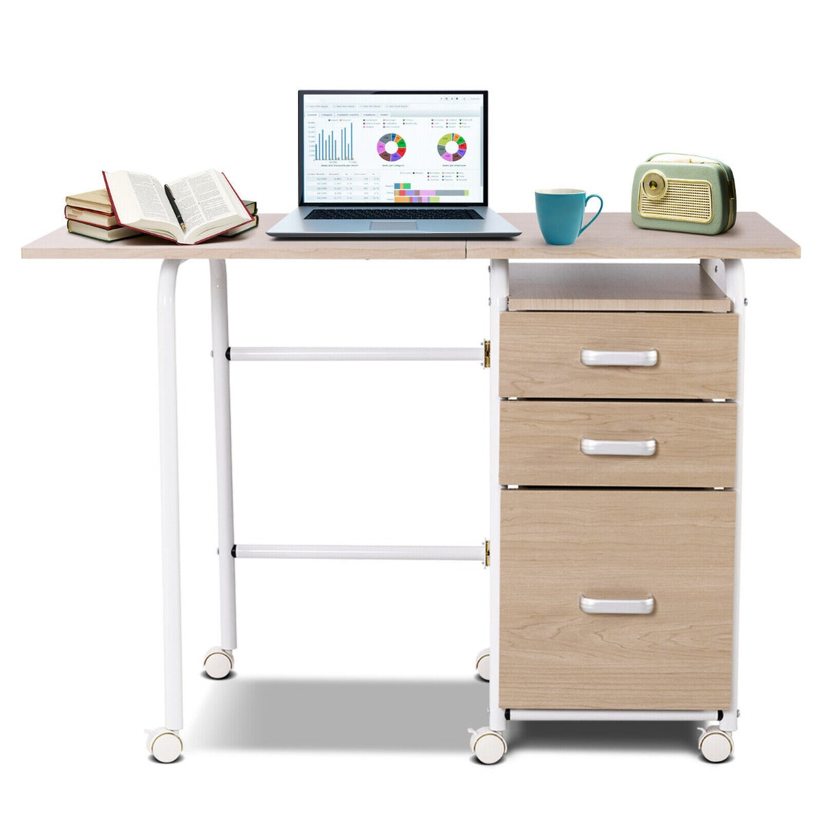 Folding Computer Desk with Rolling Wheels and 3 Drawers for Home Office-Brown