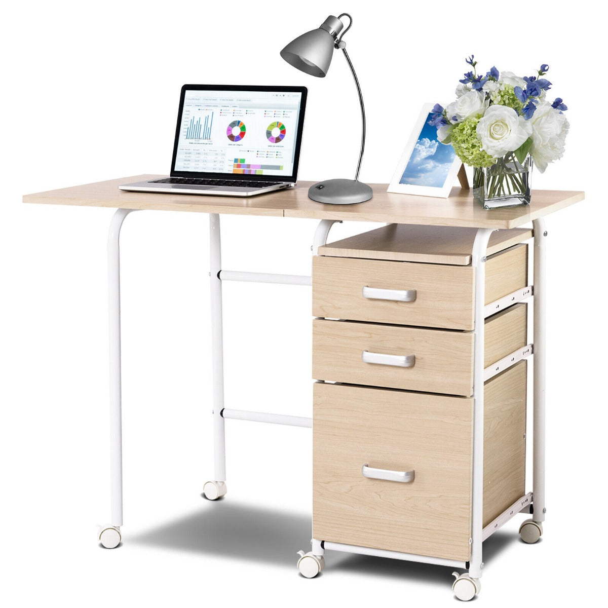 Folding Computer Desk with Rolling Wheels and 3 Drawers for Home Office-Brown