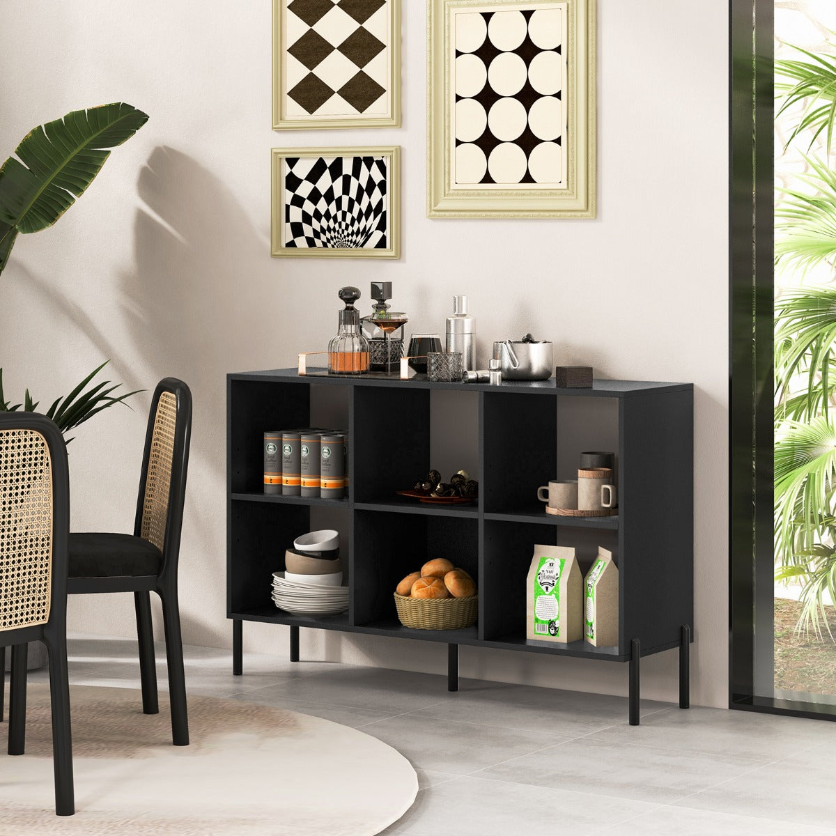 6-Cube Storage Bookcase Wooden Open Bookshelf with 5 Metal Legs-Black