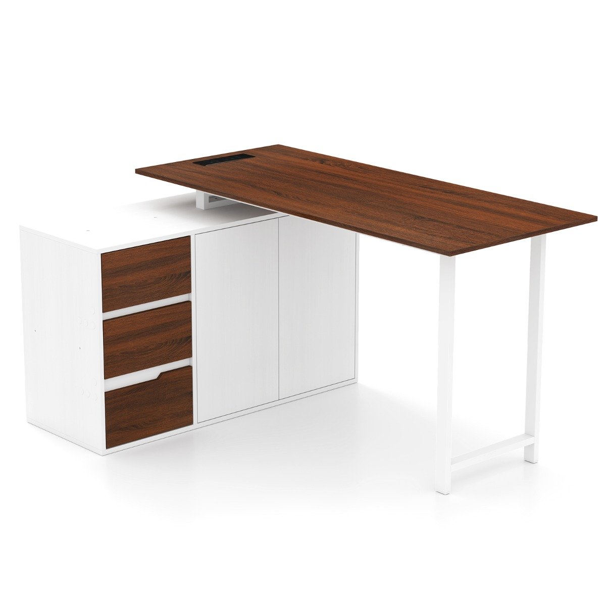 L-Shaped Desk with File Cabinet and Power Outlet-Black and Brown