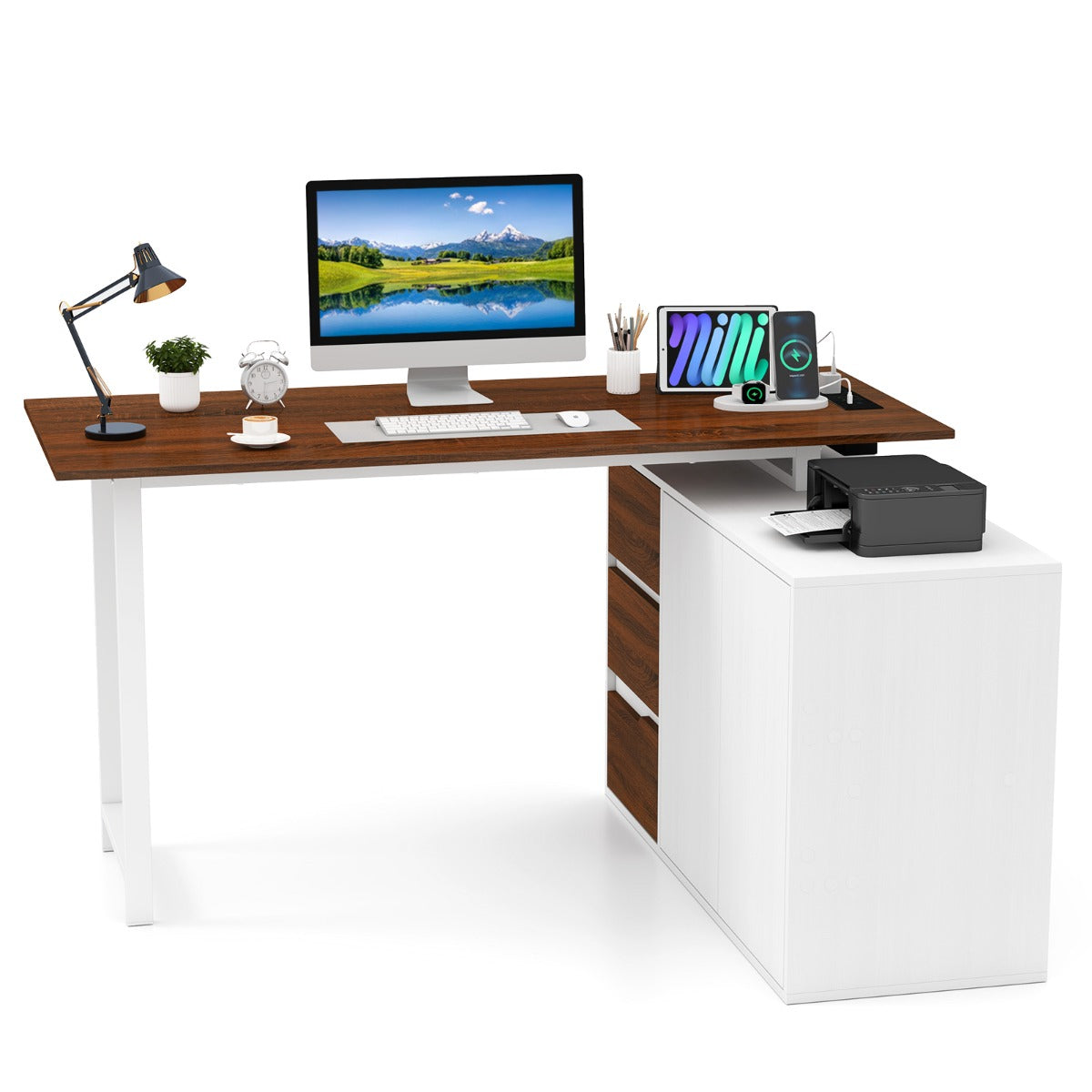 L-Shaped Desk with File Cabinet and Power Outlet-Black and Brown