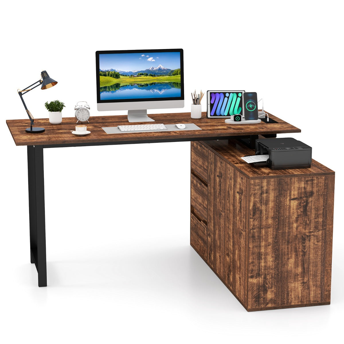 L-Shaped Desk with File Cabinet and Power Outlet-Black and Brown