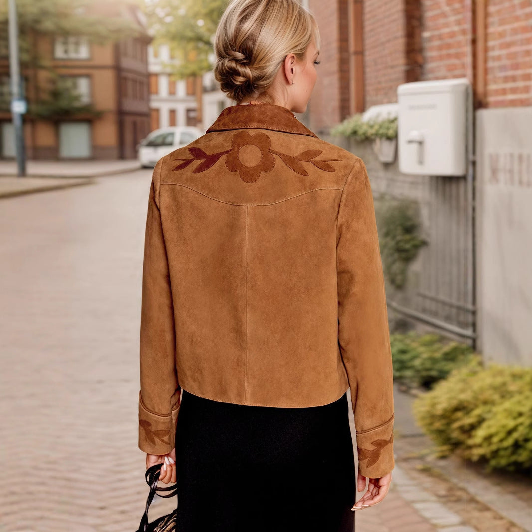 Elegant Vintage Suede Flower Short Coat