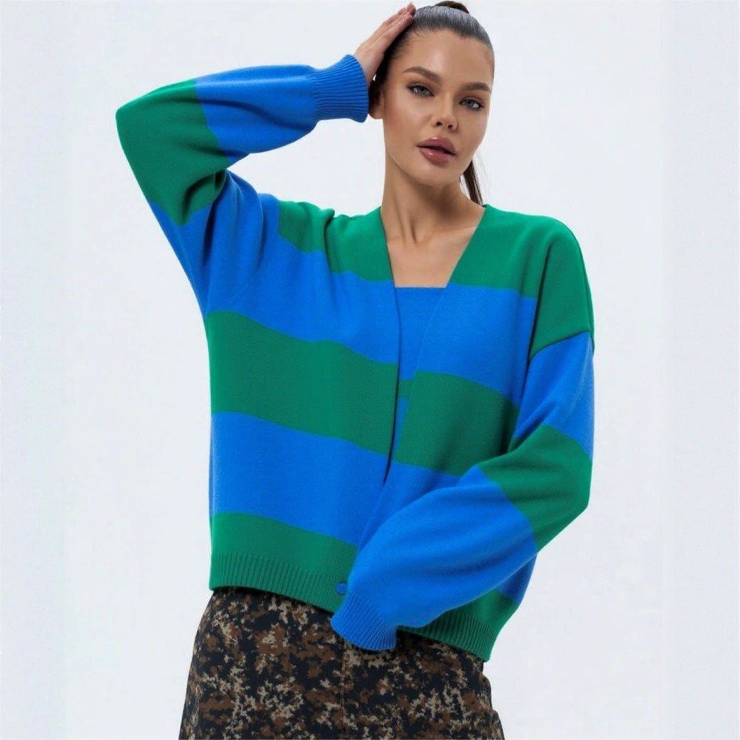 European And American Style Contrast Color Striped Cardigan Women's Loose Long Sleeve Sweater Coat