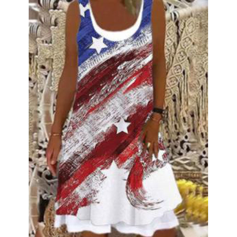 Women's Printed Patchwork Round Neck Sleeveless Pleating Dress