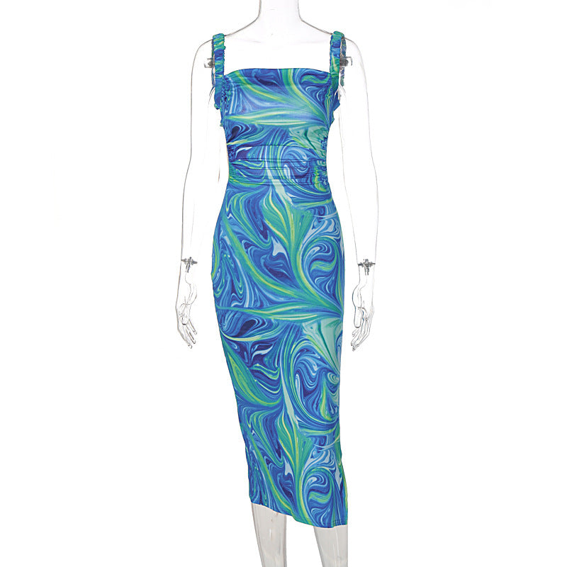 Summer New Fashion Printed Backless Strap Slim Dress