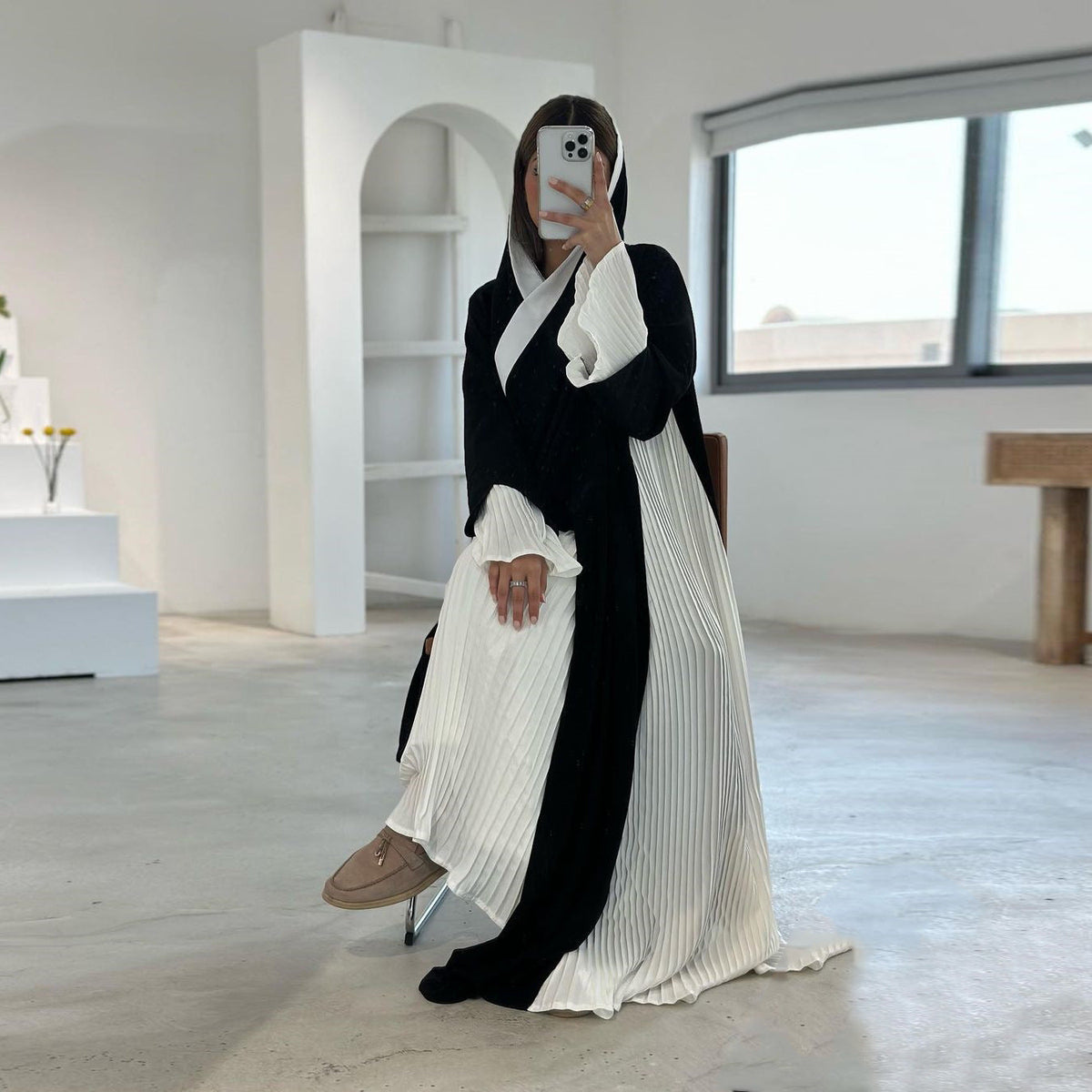 Pleated Dress Female Black And White