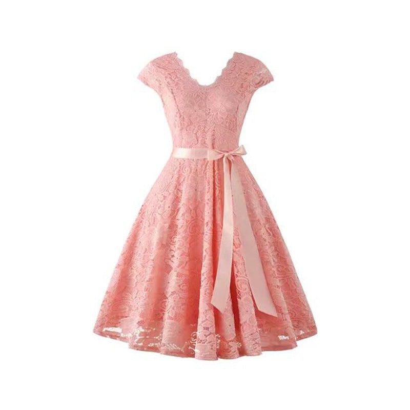 V-neck Patchwork Lace-up Wide Hem Lace Dress