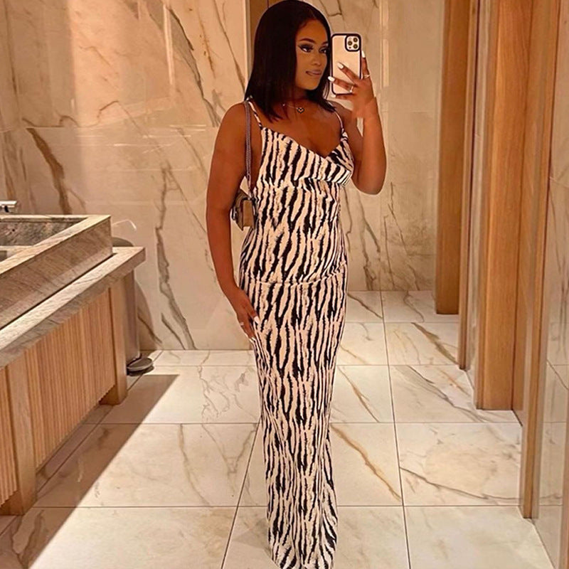 Fashion Print Sexy V-neck Backless Suspender Dress