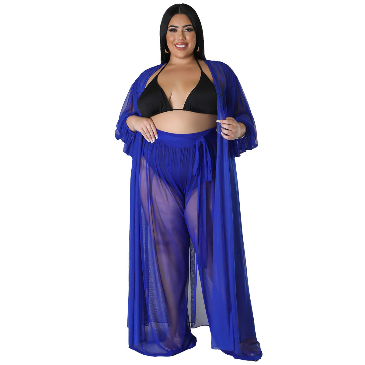Women's Solid-Color Batwing-Sleeve Sexy Sheer Top And Pants Plus-Size Two-Piece Set