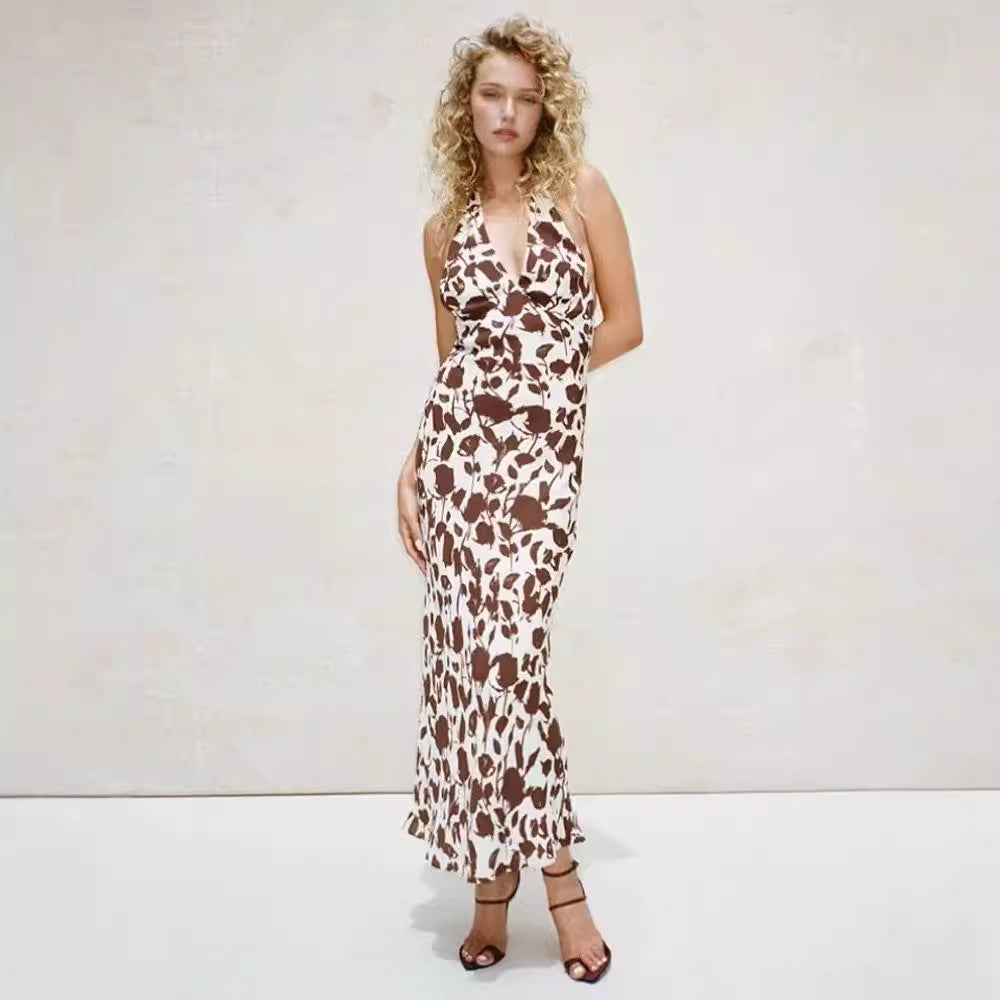 French Vest Printed Midi Skirt Summer New Elegant Backless V-neck Halter Dress Women