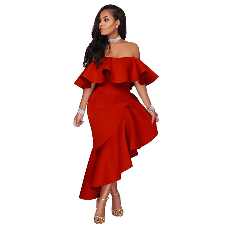 One-line Neck Ruffled Backless Ladies Dress Dress Long Skirt