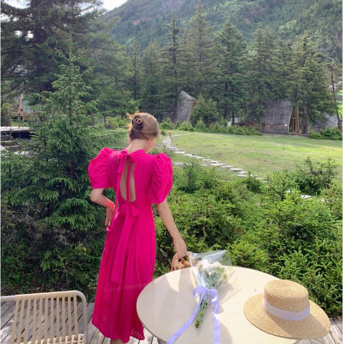 Red Strap Bubble Sleeve Backless Dress Summer