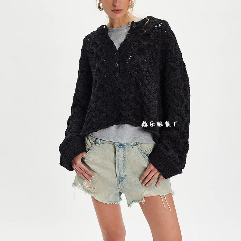 Cable Loose-fitting Solid Color Pullover Sweater