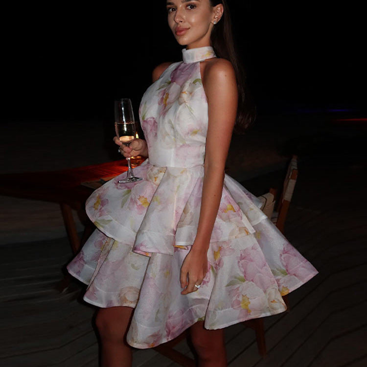 Women's Summer Halter Backless Strap Floral Flounce Printed Dress