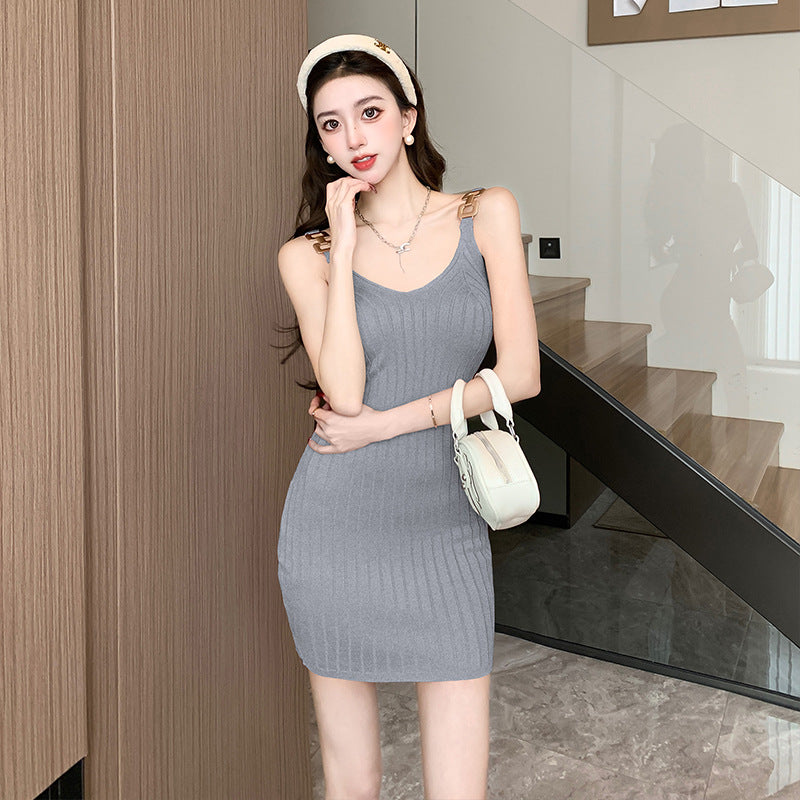 Metal Decorative Sling Woolen Skirt Slimming Hip Knitwear Dress
