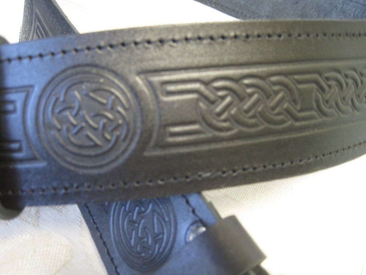 Celtic Embossed Black Leather Belt & Masonic Buckle * Scottish Men's Kilt