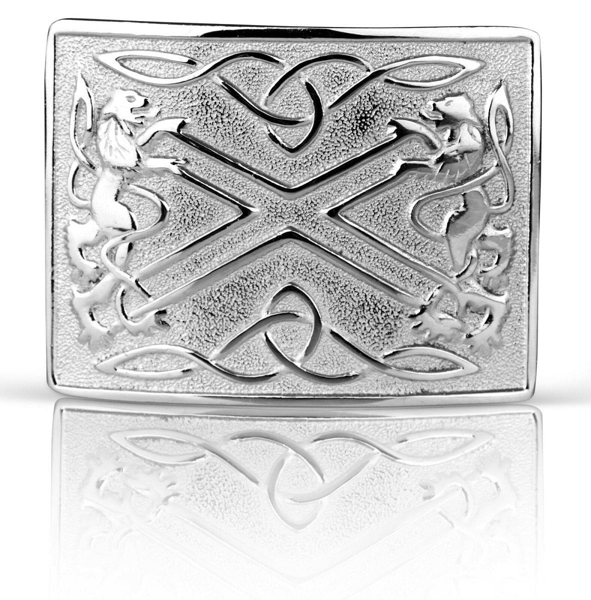 Celtic Embossed Black Leather Belt & Saltier Rampant Lion Scottish Buckle
