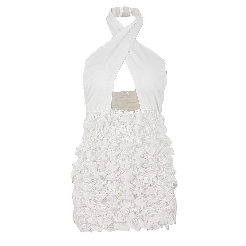 Fashion Cross Neck Backless Pleated Flower Dress