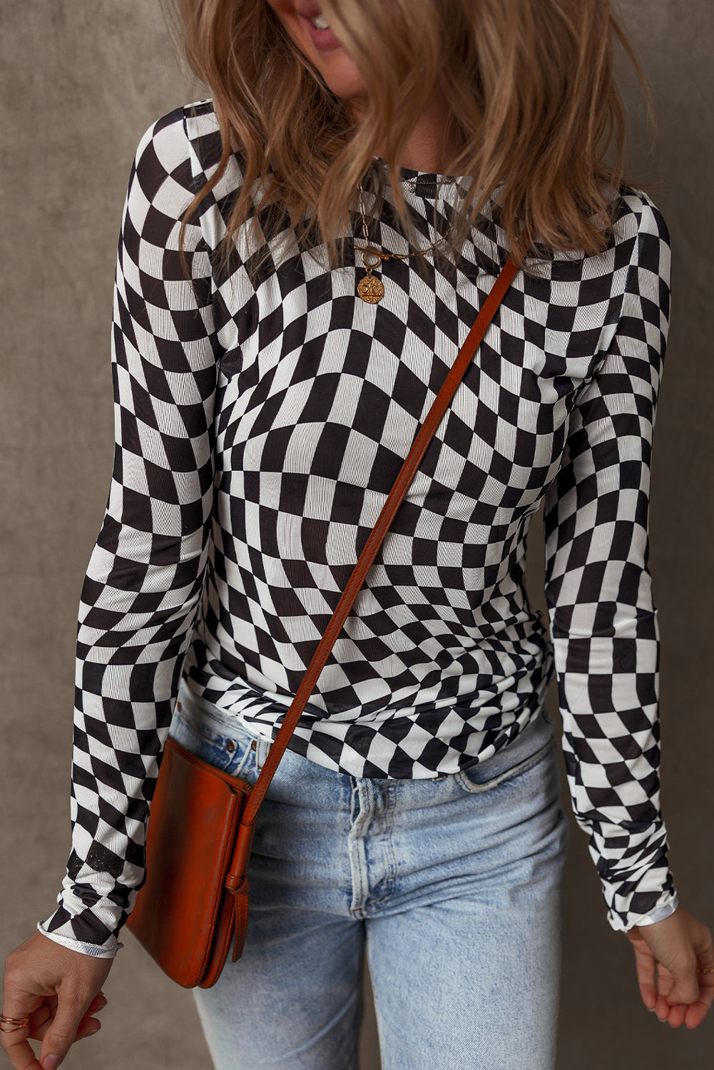 Rose Checkered Pattern Mesh Mock Neck Long Sleeve Top