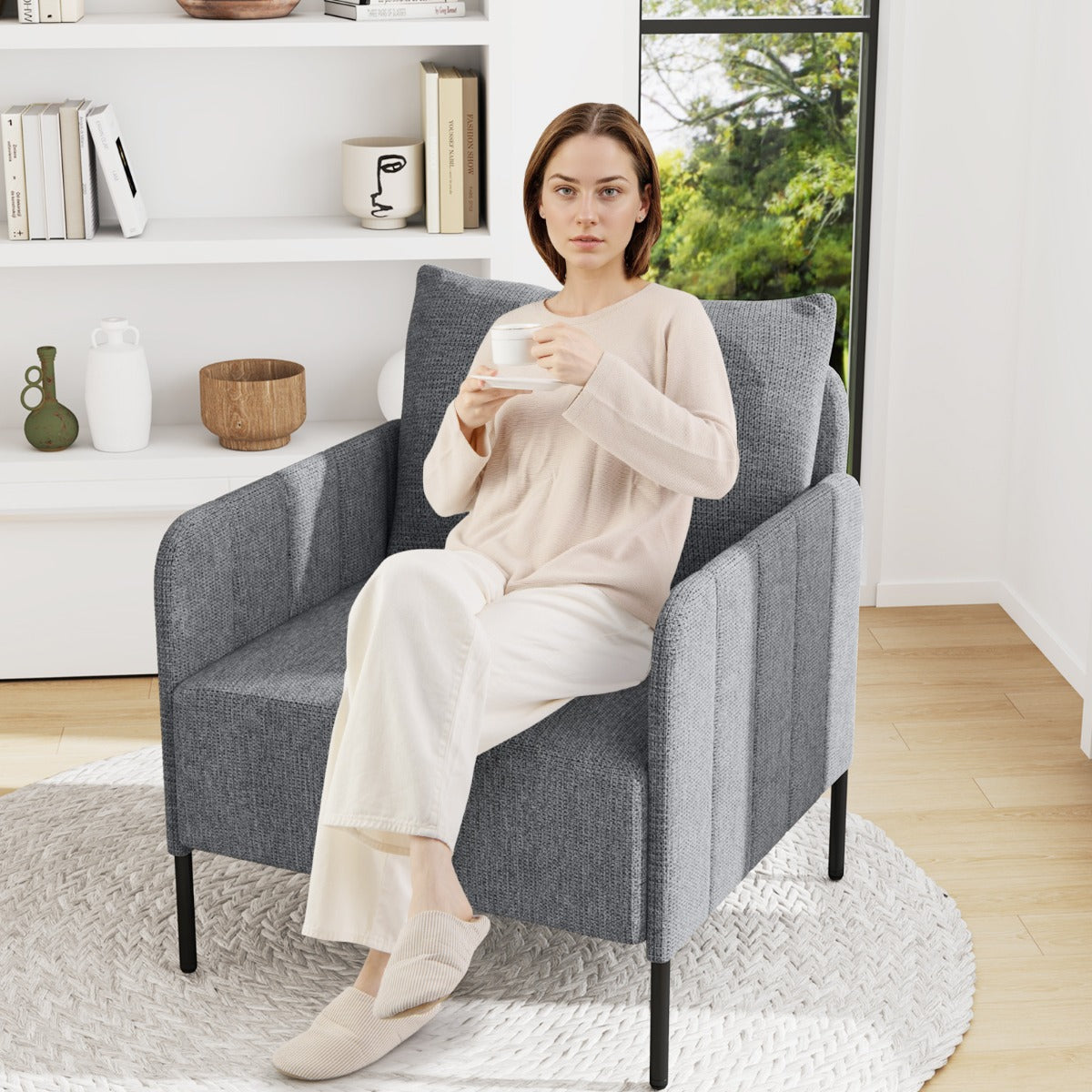 Chenille Single Seat Sofa with Cushion and Adjustable Foot Pads-Grey