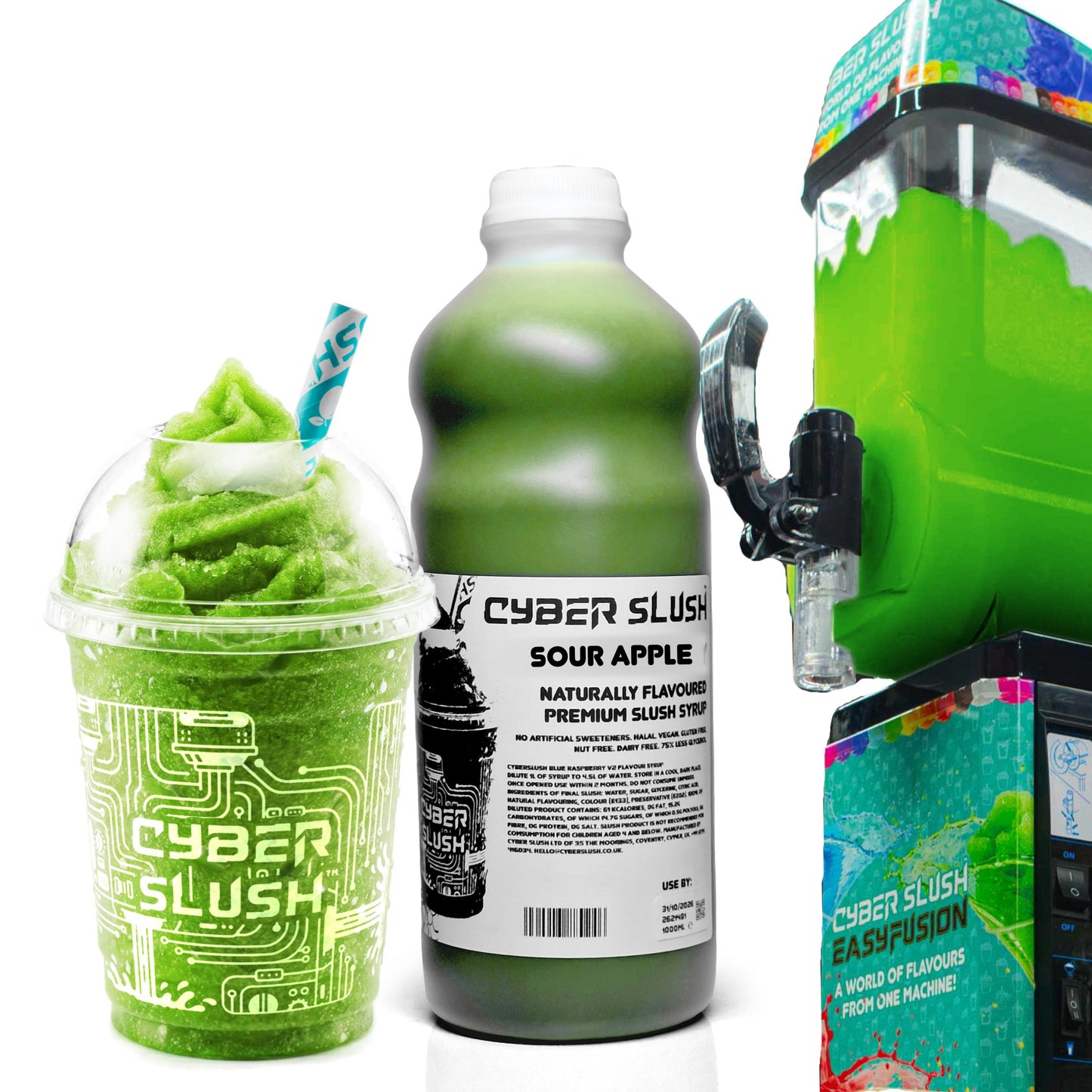 Cyber Slush sour apple flavored green slushy shown as a bottled drink, a plastic cup with a slushy swirl, and a commercial slushy machine on a white background.