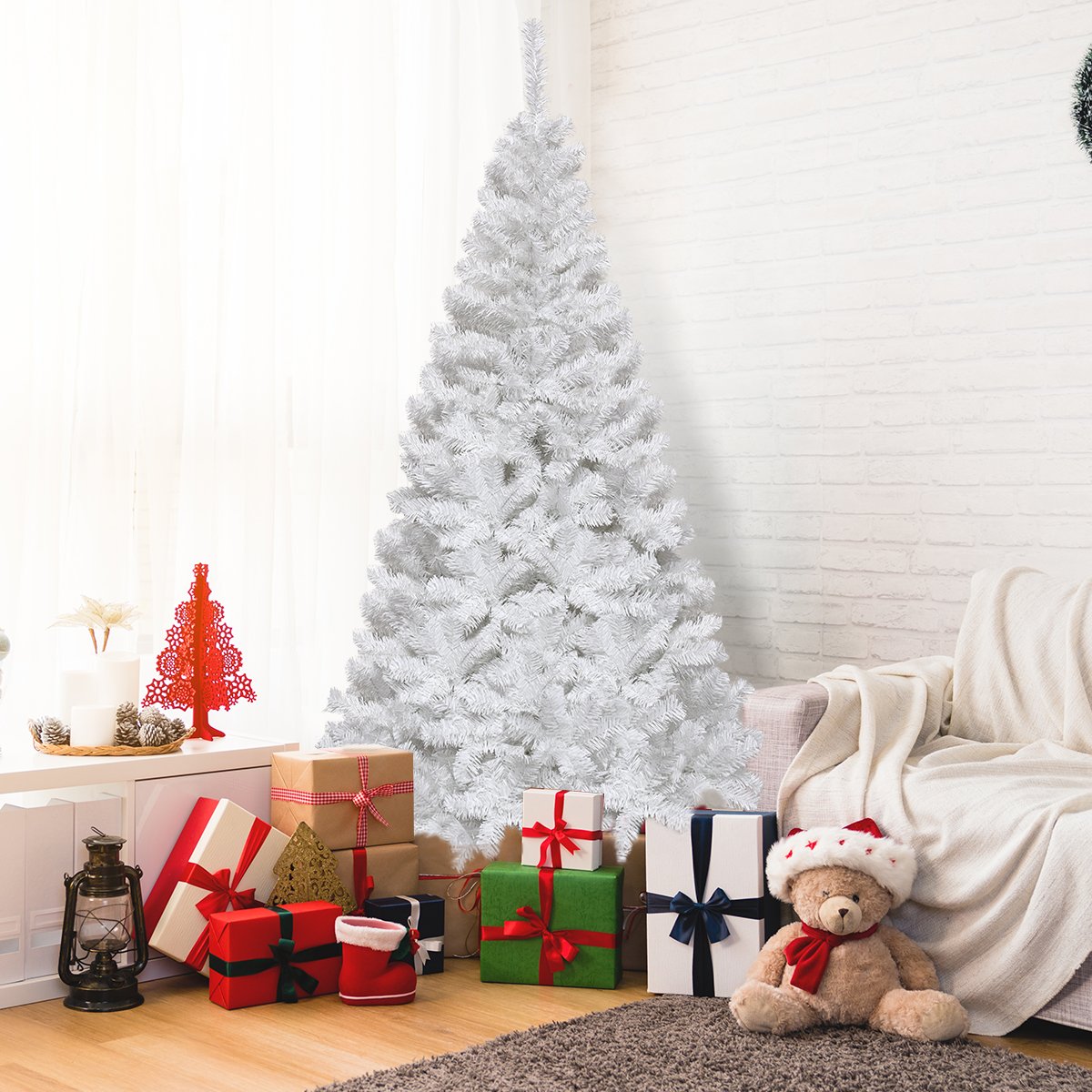 5/6/7/8 Feet White Artificial Christmas Tree with Metal Stand-5 ft