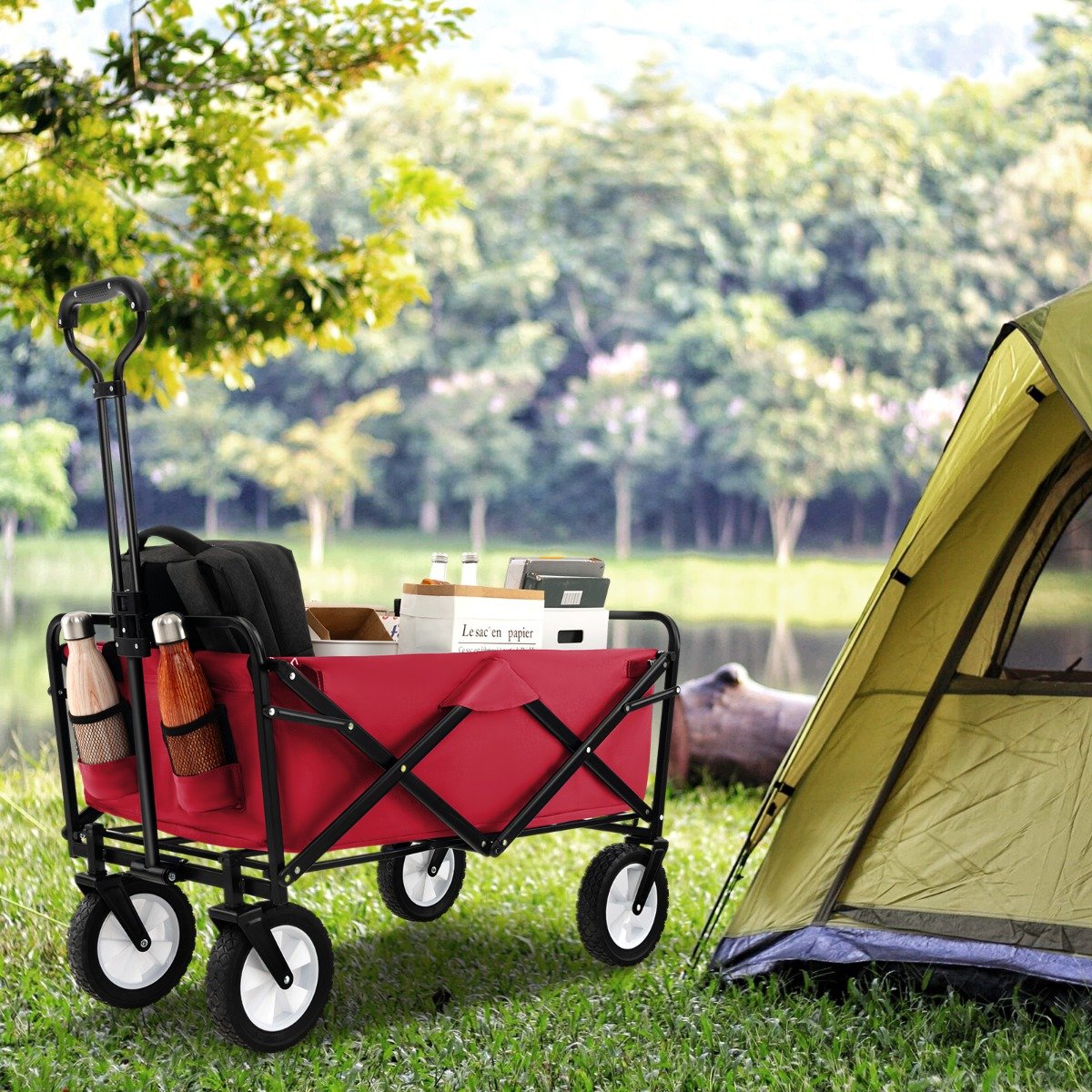 eavy Duty Camping Garden Cart with Adjustable Handle and Drink Holders-Black