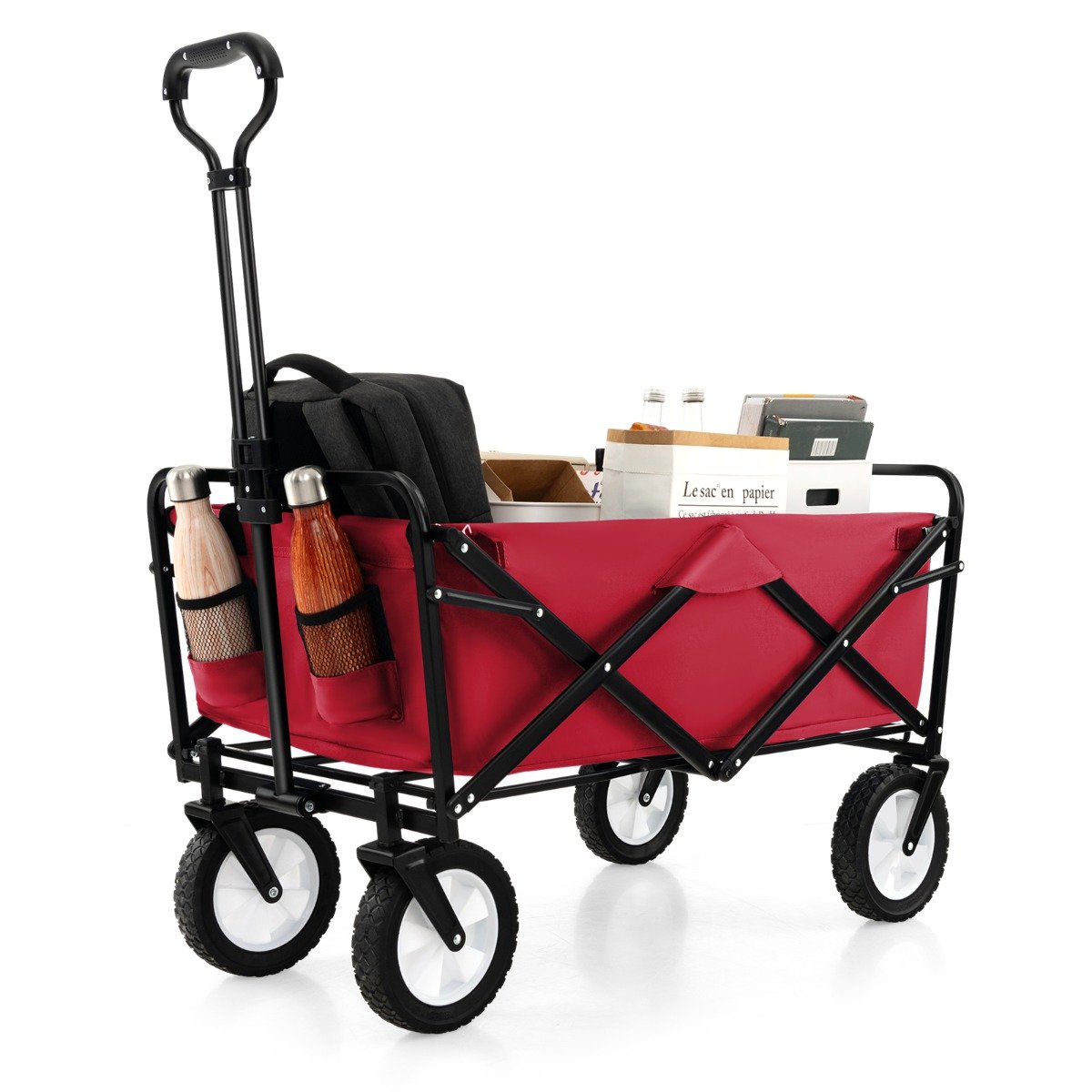 eavy Duty Camping Garden Cart with Adjustable Handle and Drink Holders-Black