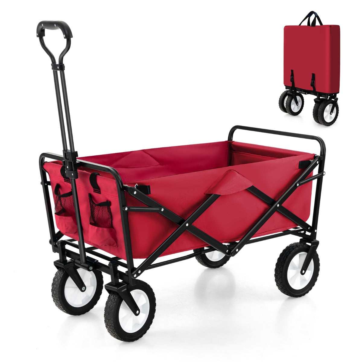 eavy Duty Camping Garden Cart with Adjustable Handle and Drink Holders-Black