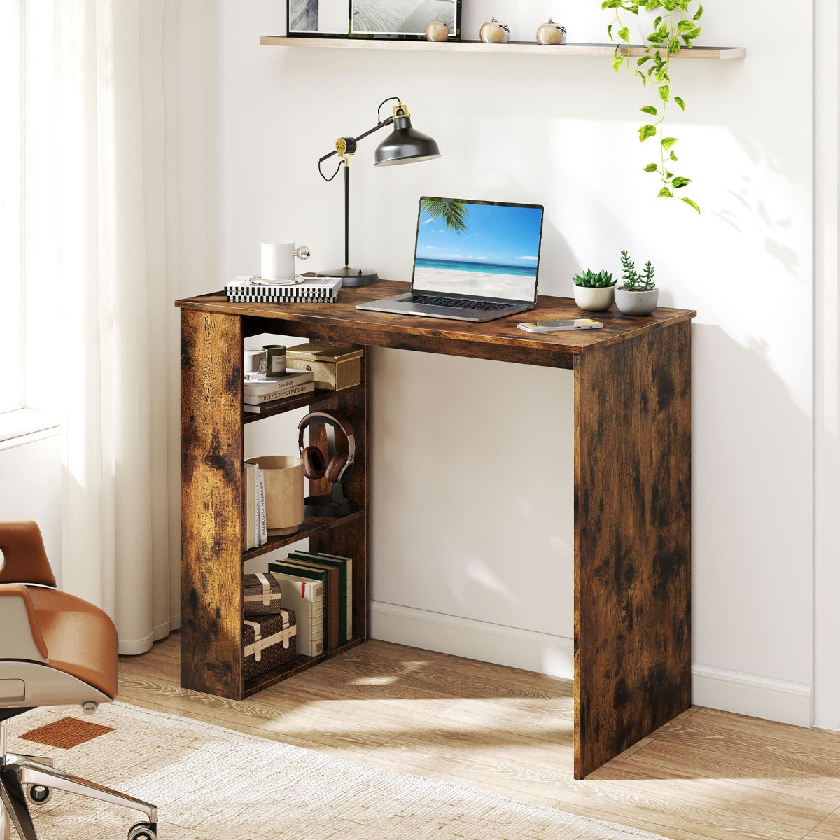 Computer Desk with Bookshelf for Study Living Room-Rustic Brown