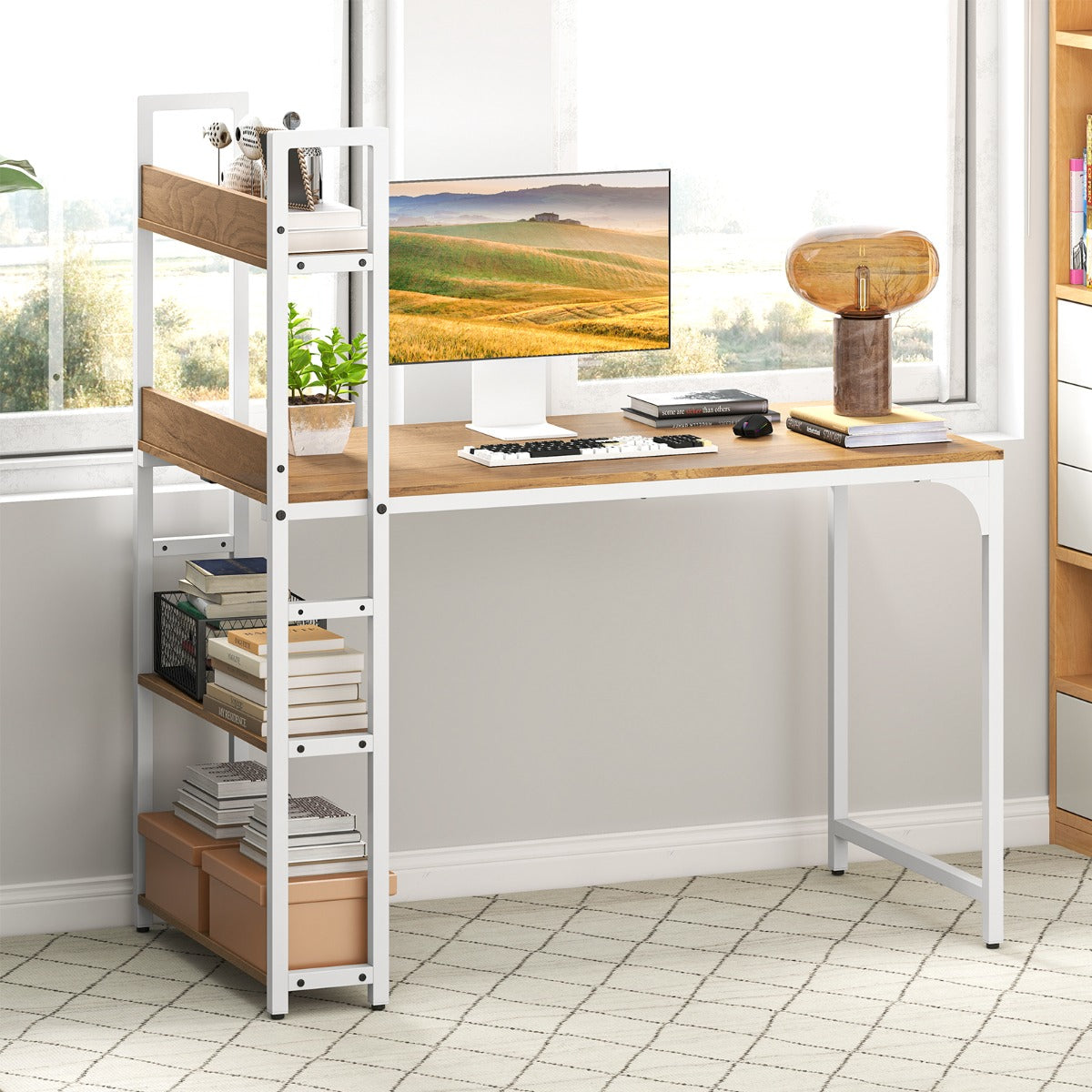 Computer Desk with Power Strip 120 CM Study Writing Desk with Bookshelf-Natural