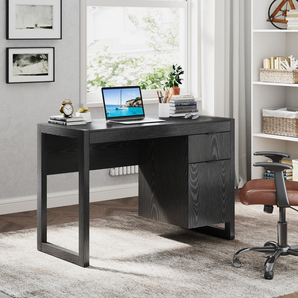 Wooden Computer Desk with Drawer and Cabinet-Black