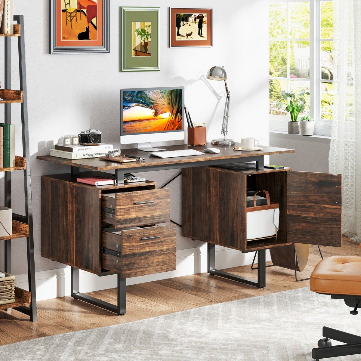 Computer Desk with Floating Desktop and Dual Drawers-Rustic Brown