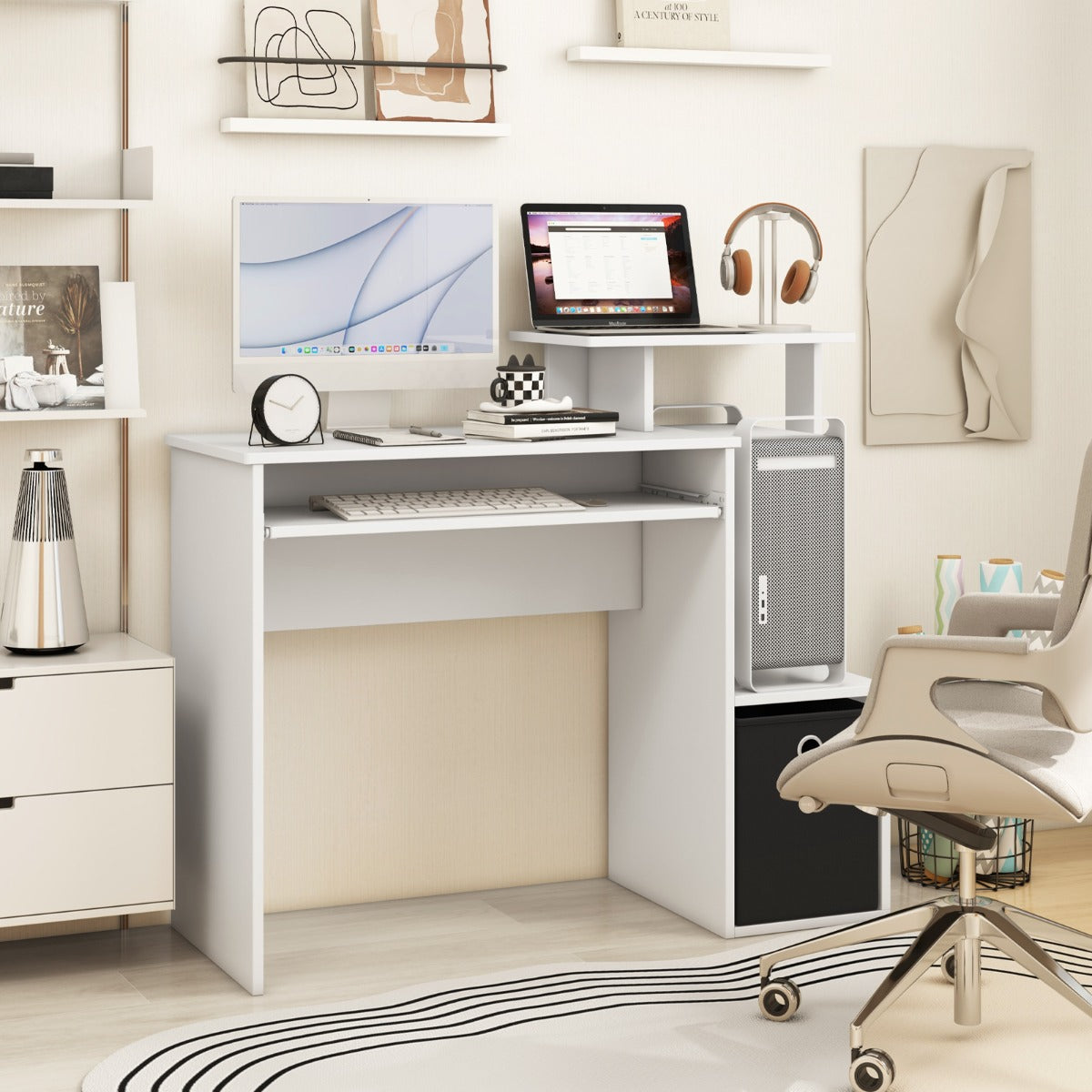 Space-saving Computer Desk with Open Shelf and Fabric Storage Drawer-Rustic Brown