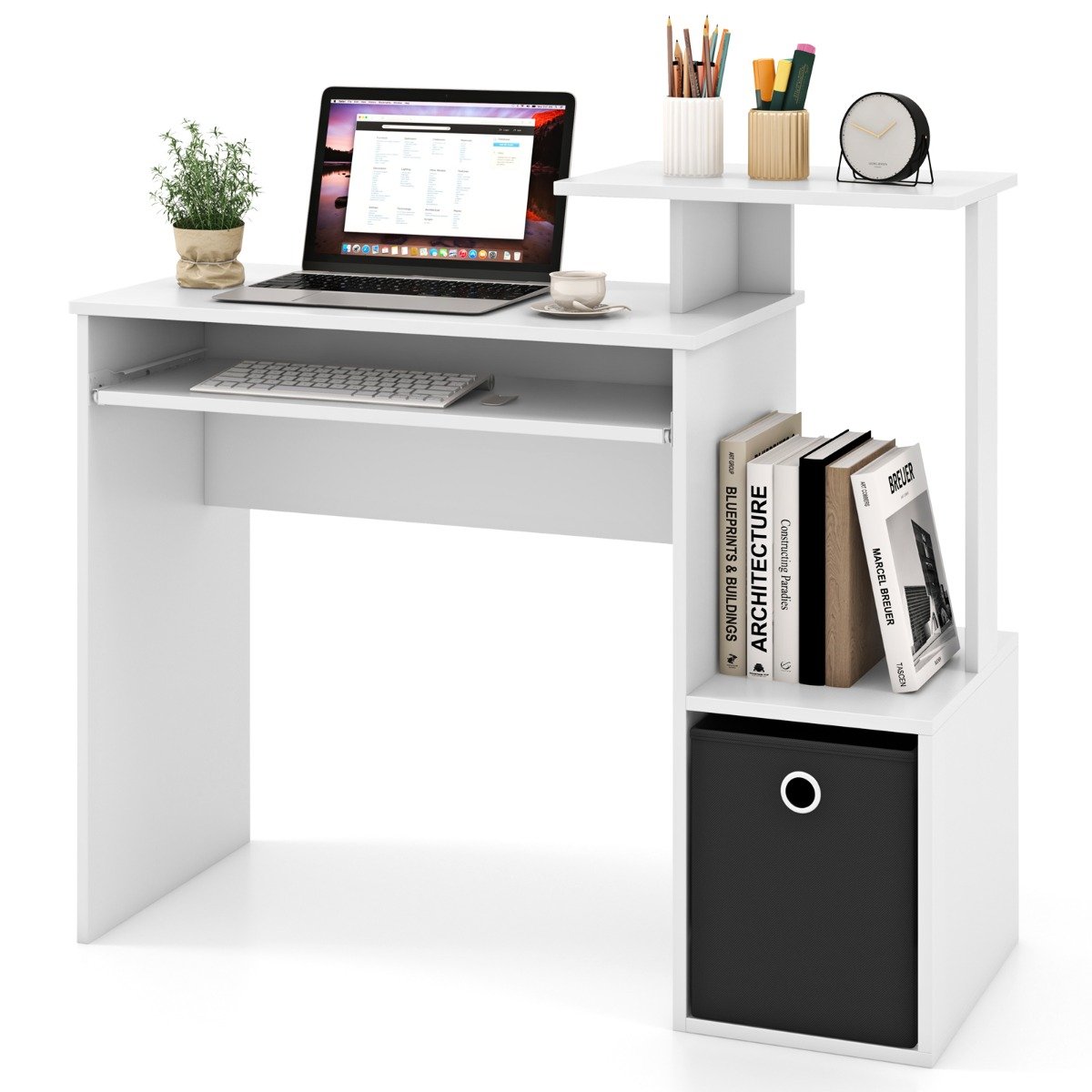 Space-saving Computer Desk with Open Shelf and Fabric Storage Drawer-Rustic Brown