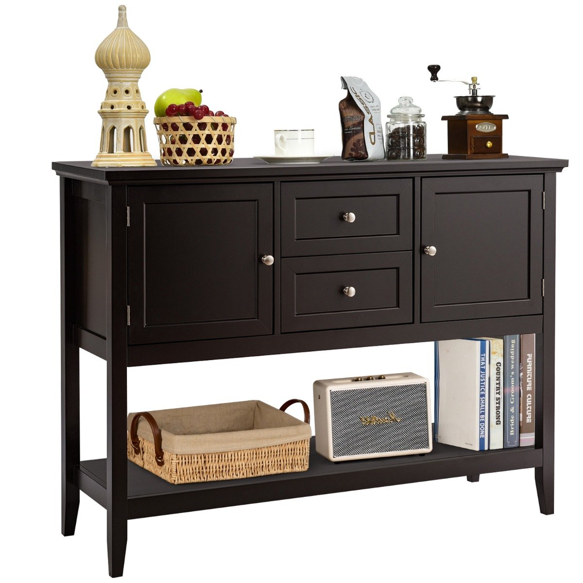 Wooden Buffet Table with Spacious Tabletop and Large Storage Rack-Brown