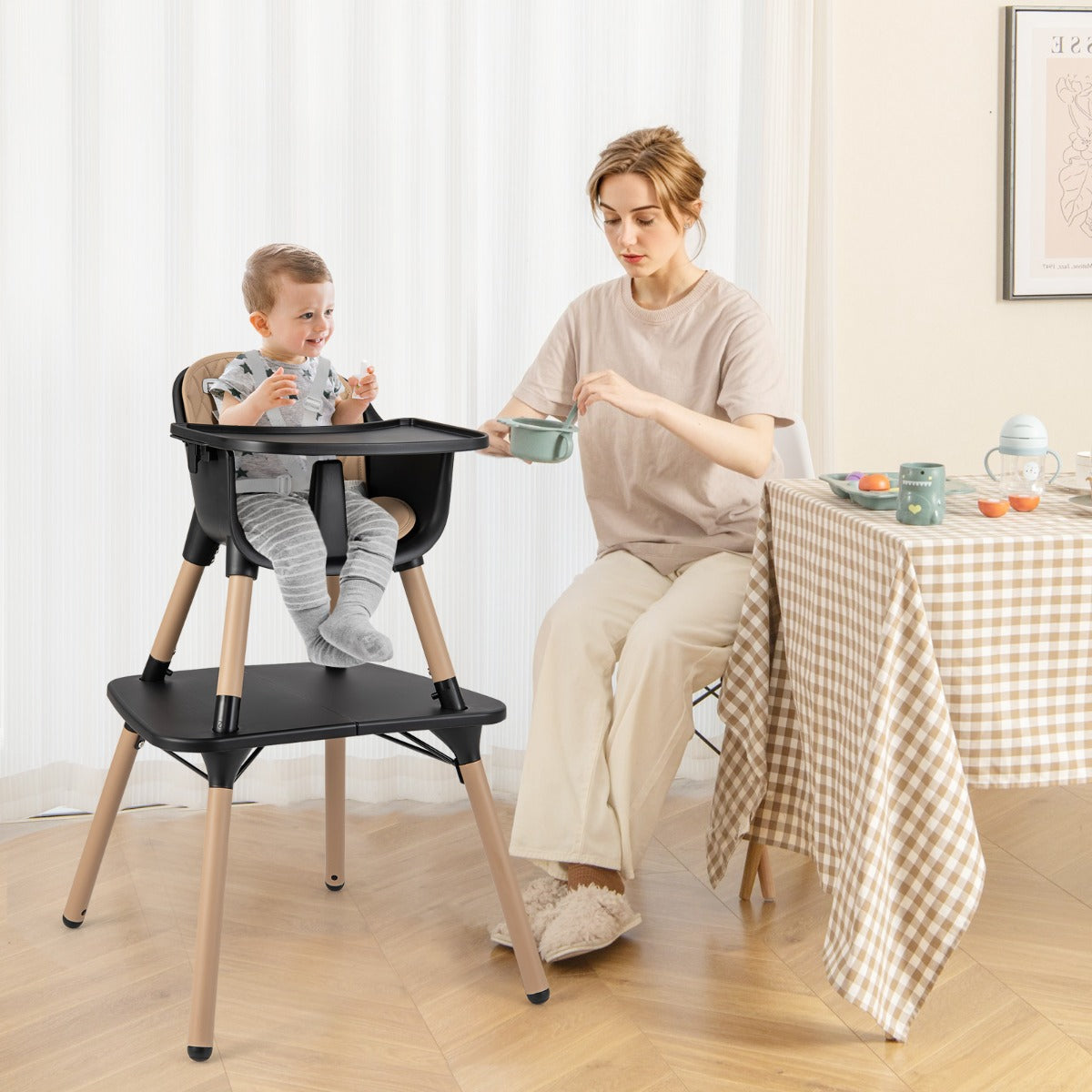convertible Baby High Chair with 2-Position Removable Tray-Beige