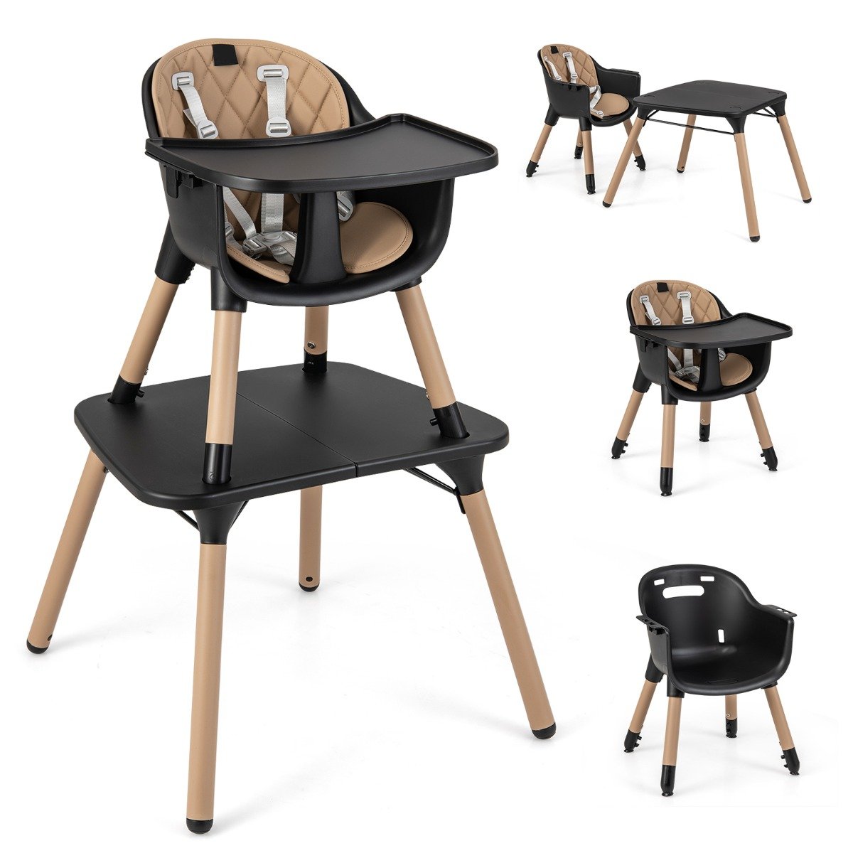 convertible Baby High Chair with 2-Position Removable Tray-Beige