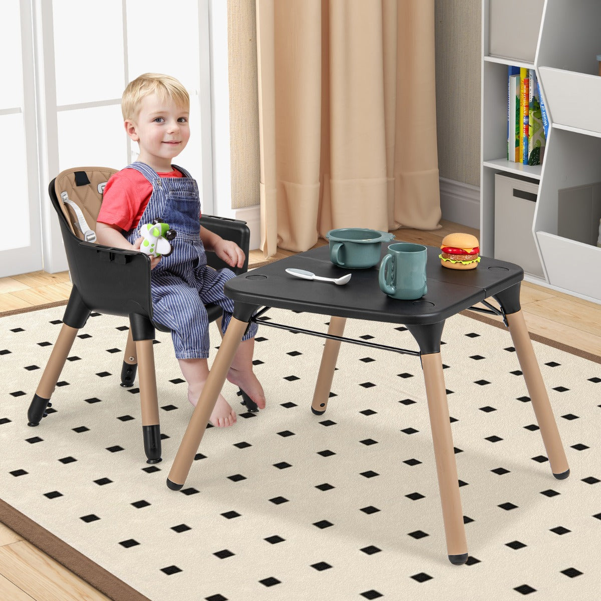 convertible Baby High Chair with 2-Position Removable Tray-Beige