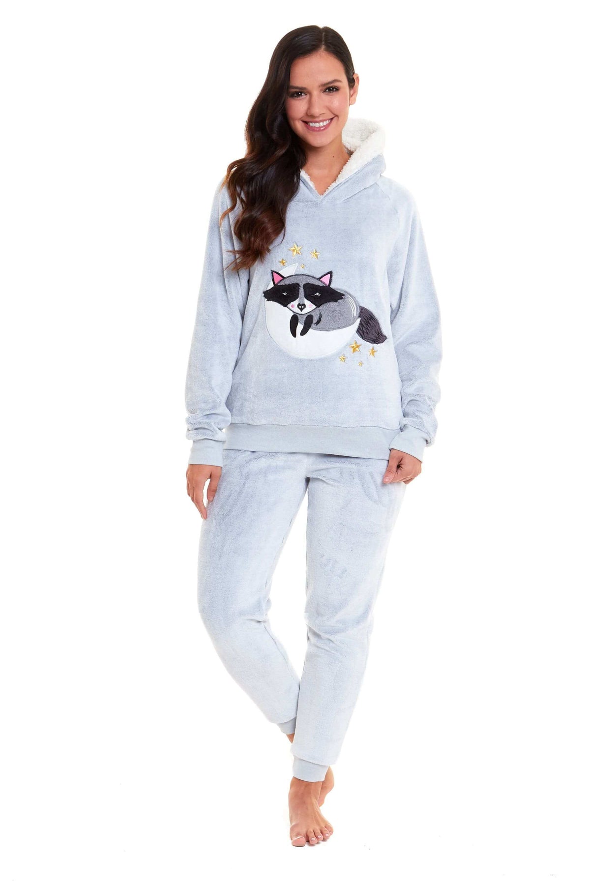 Daisy Dreamer Cuddly Raccoon Fleece Hooded Pyjama Set For Women And Girls Sherpa Lined