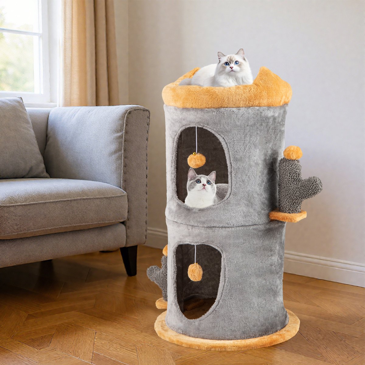 Cute Small Cat Tree Tower with Cozy Condos and Plush Danging Balls