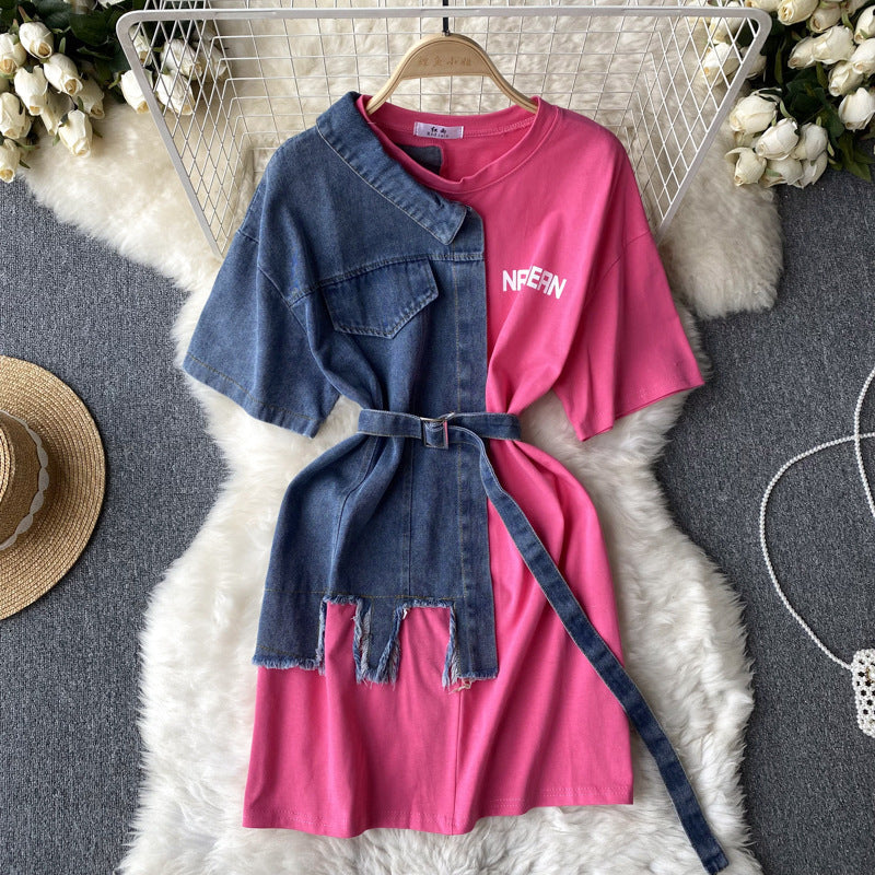 Round Neck Denim Patchwork Dress
