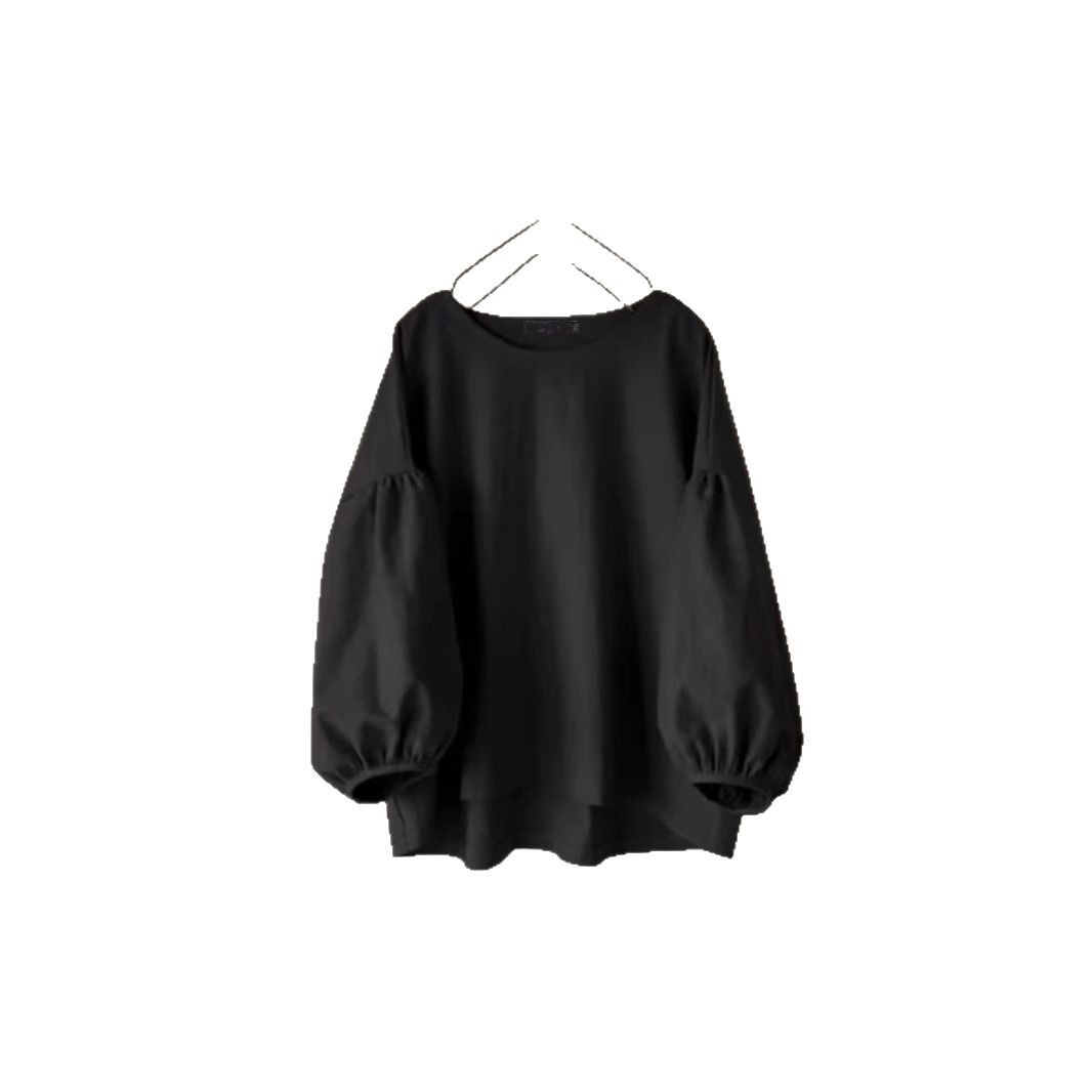 Women's Loose-fit Vintage Crew-neck Shirt With Puff Sleeves
