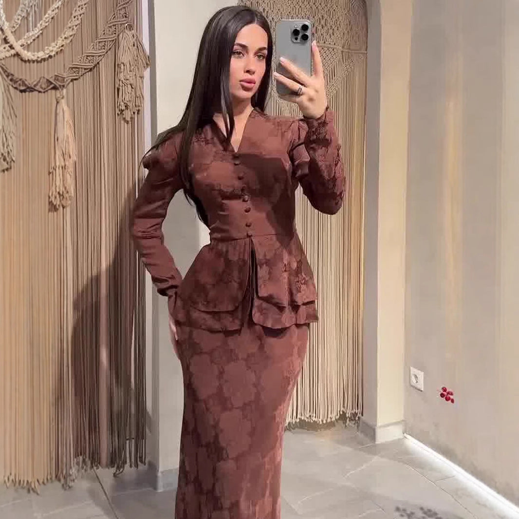 Elegant Retro Long Sleeve Top Slim Fit Long Dress Dress